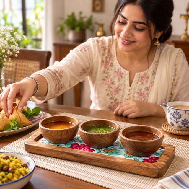 Mango Wood Snacks Platter with 3 Chutney Bowl, shown in use