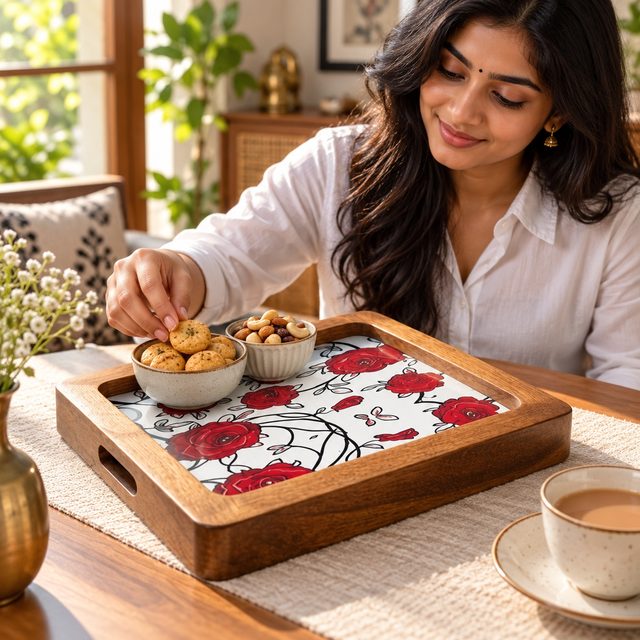 Mango Wood Snacks Platter, Light, shown in use