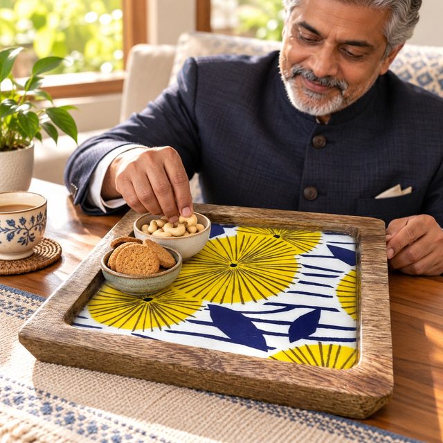 Mango Wood Snacks Platter, Floral, shown in use
