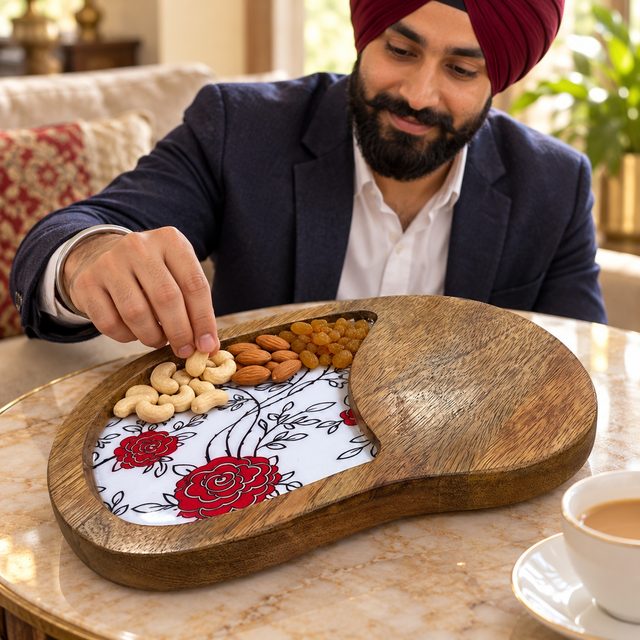 Mango Wood Snacks Platter, Rose, shown in use