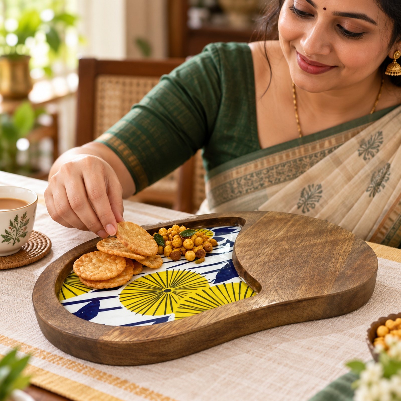 Mango Wood Snacks Platter, Square, shown in use