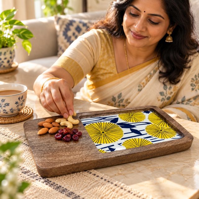 Mango Wood Snacks Platter, Rectangular, shown in use