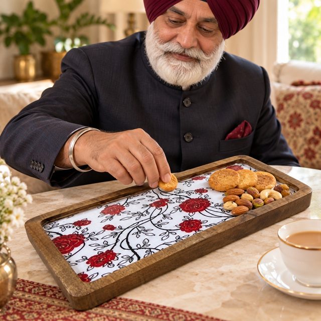 Mango Wood Snacks Platter, Red, shown in use