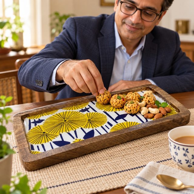 Mango Wood Snacks Platter, Yellow, shown in use