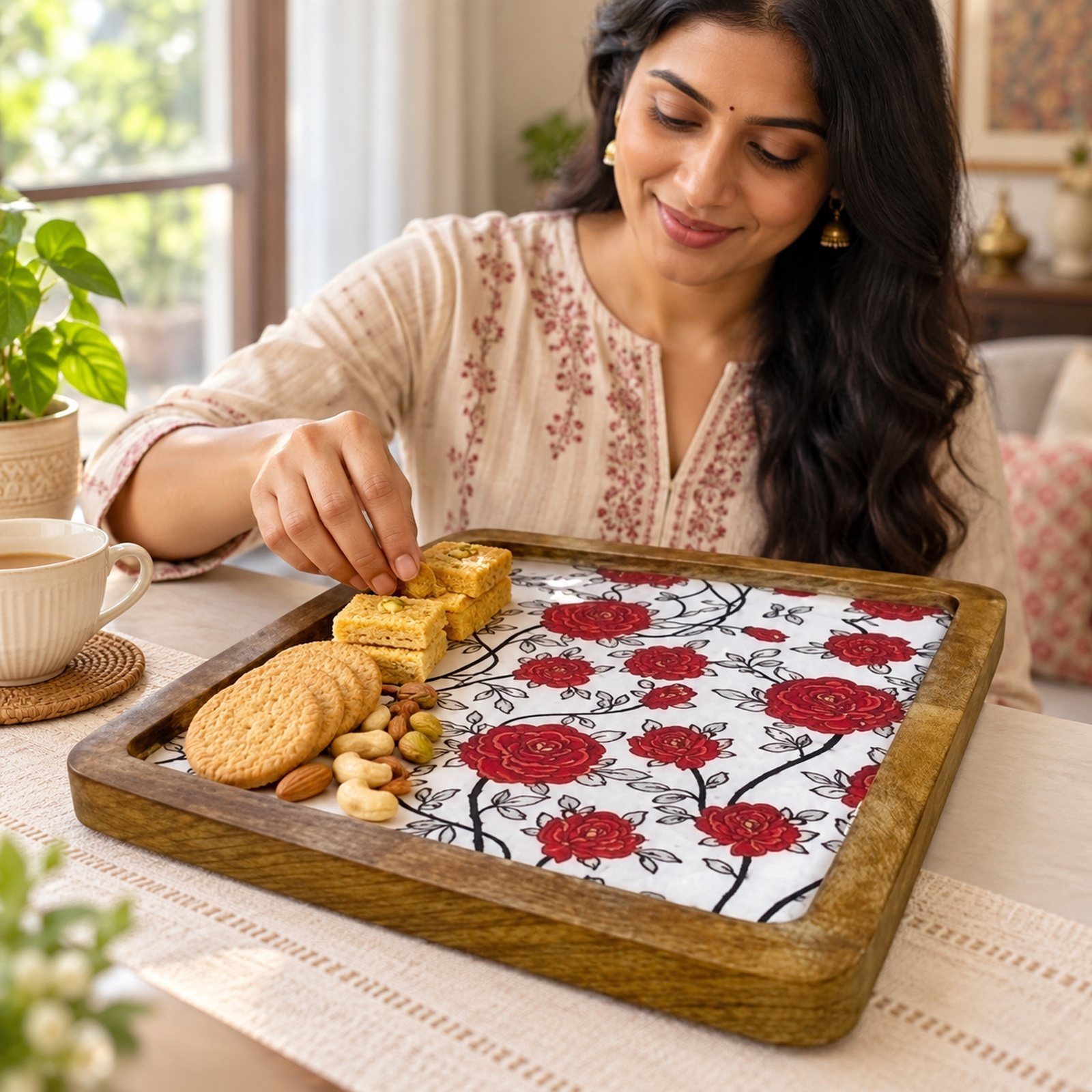 Mango Wood Snacks Platter, Black, shown in use