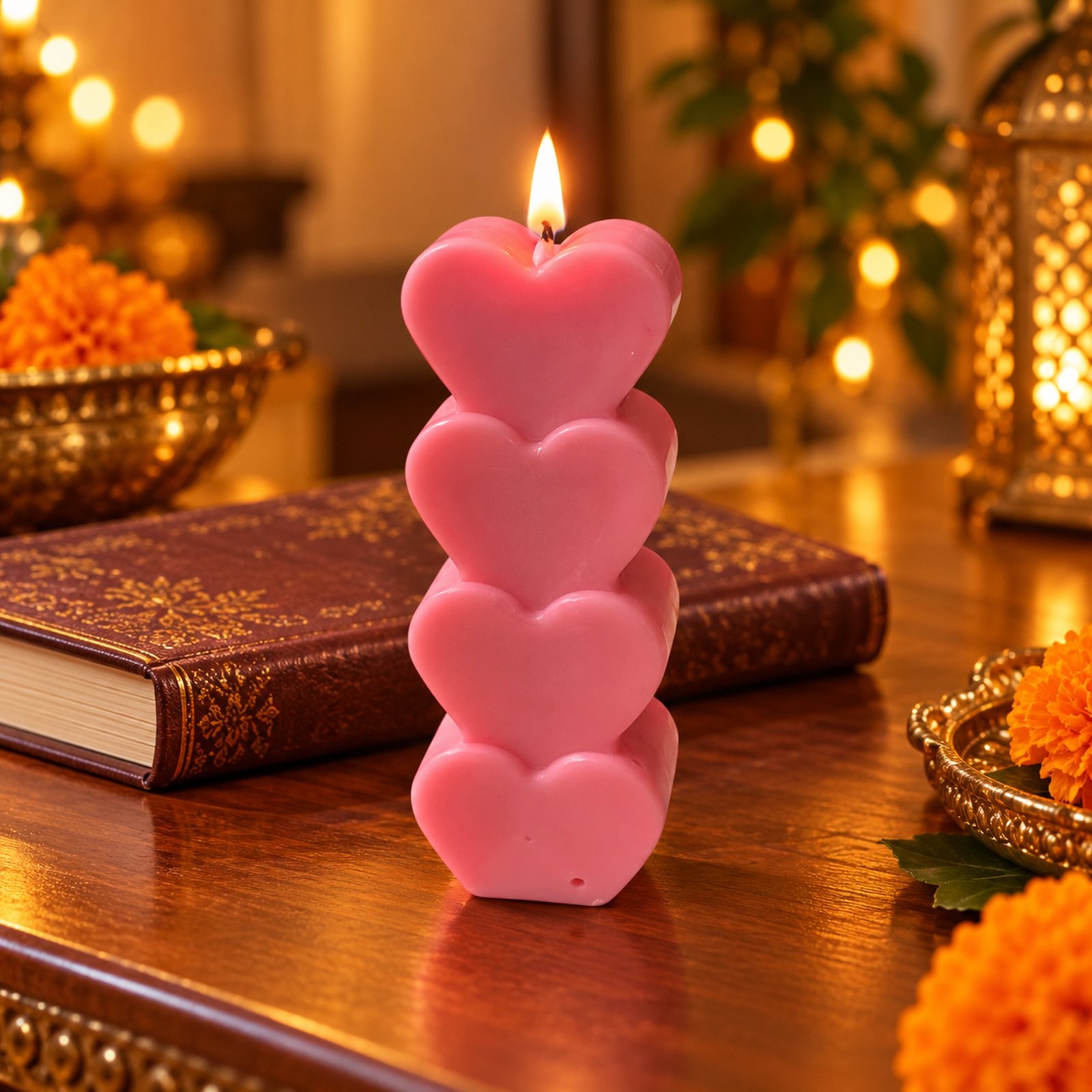 Click to zoom Soy Wax Stack Heart Pillar with Rose Frgrance, Rounded, shown in use