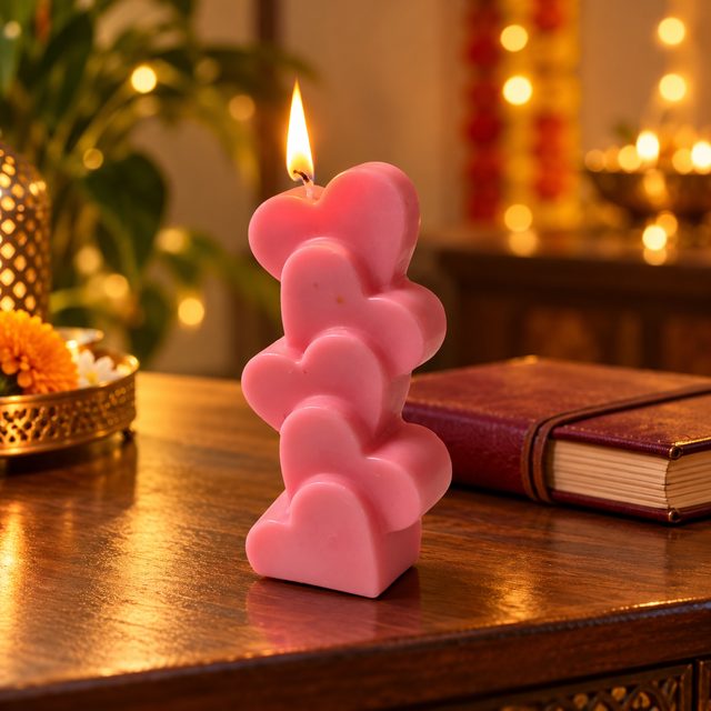 Soy Wax Stack Heart Pillar with Rose Frgrance, Pyramid, shown in use