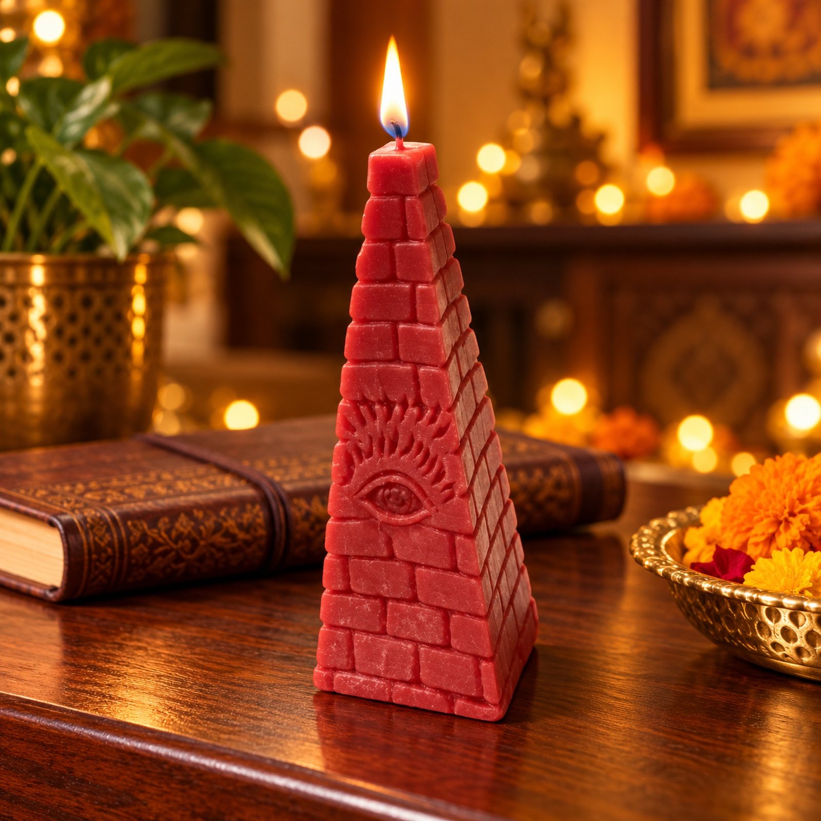 Click to zoom Soy Wax Providence Pyramid Pillar with Rose Frgrance, shown in use