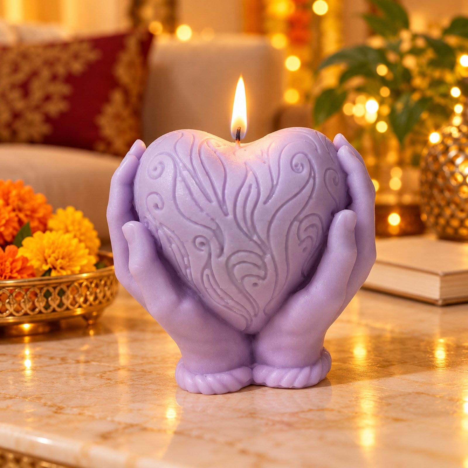 Click to zoom Soy Wax Palm of Love Candle with Rose Fragrance, shown in use