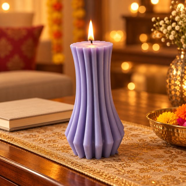 Soy Wax Curved Stripe Pillar, shown in use
