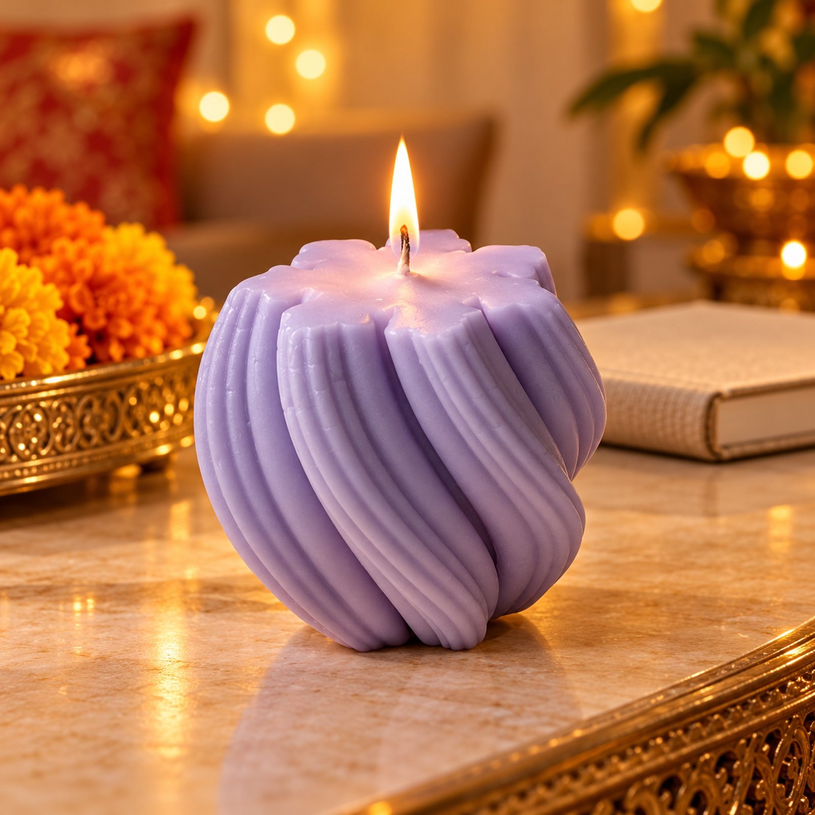 Soy Wax Curved Stripe Pillar Candle with Rose Fragrance, shown in use