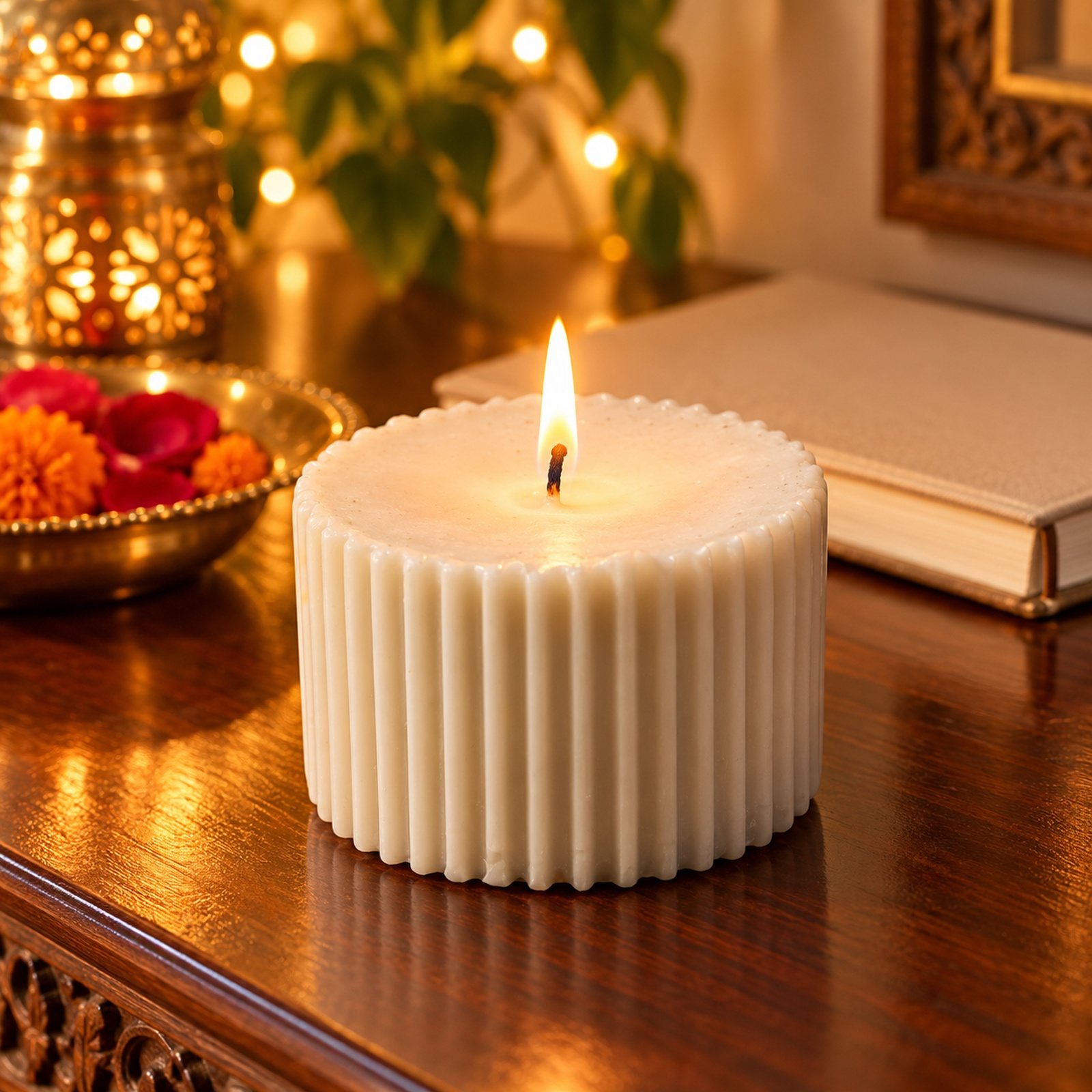Soy Wax Classic Regal Small Pillar Candle, shown in use