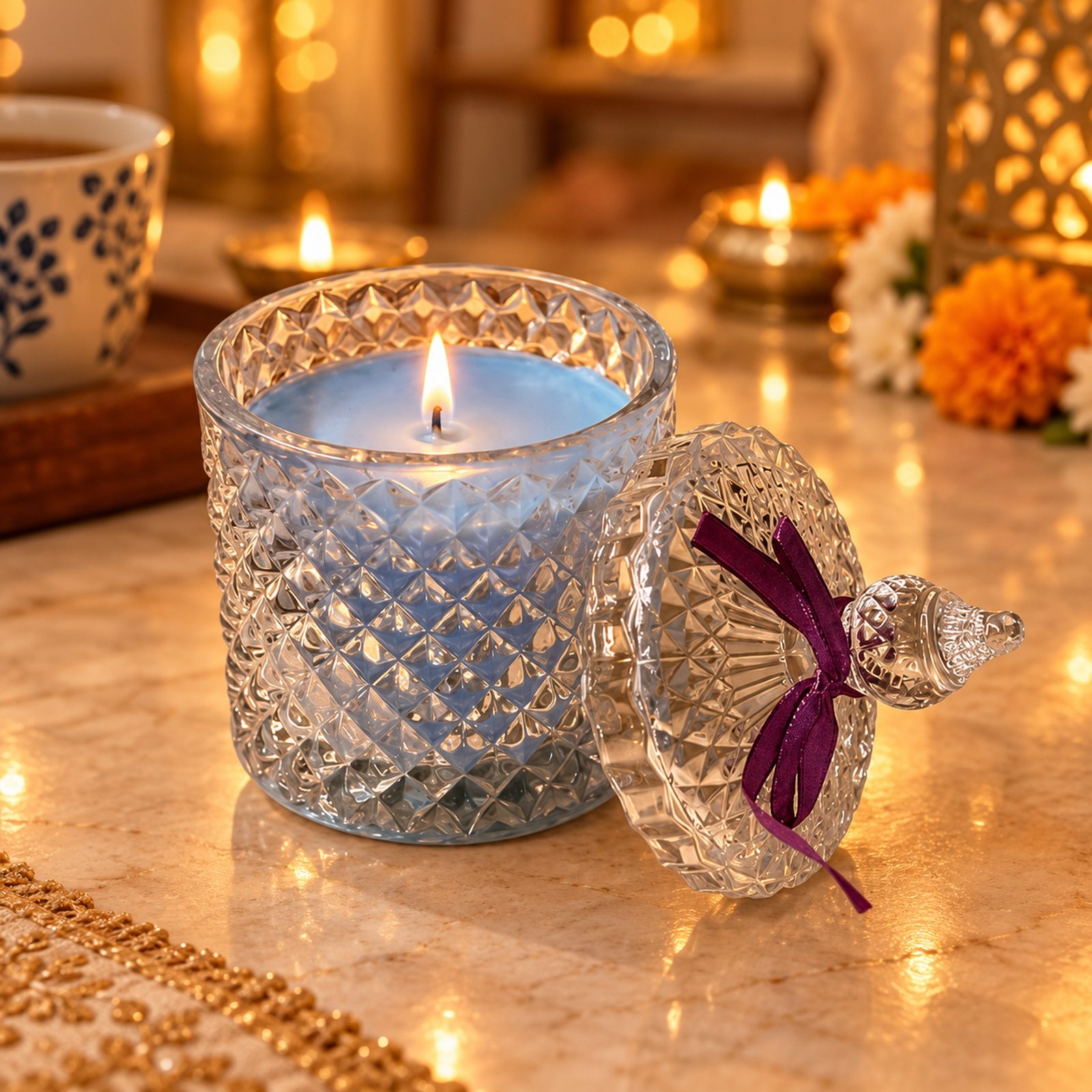 Coconut Wax Glassy Glow Candle, shown in use