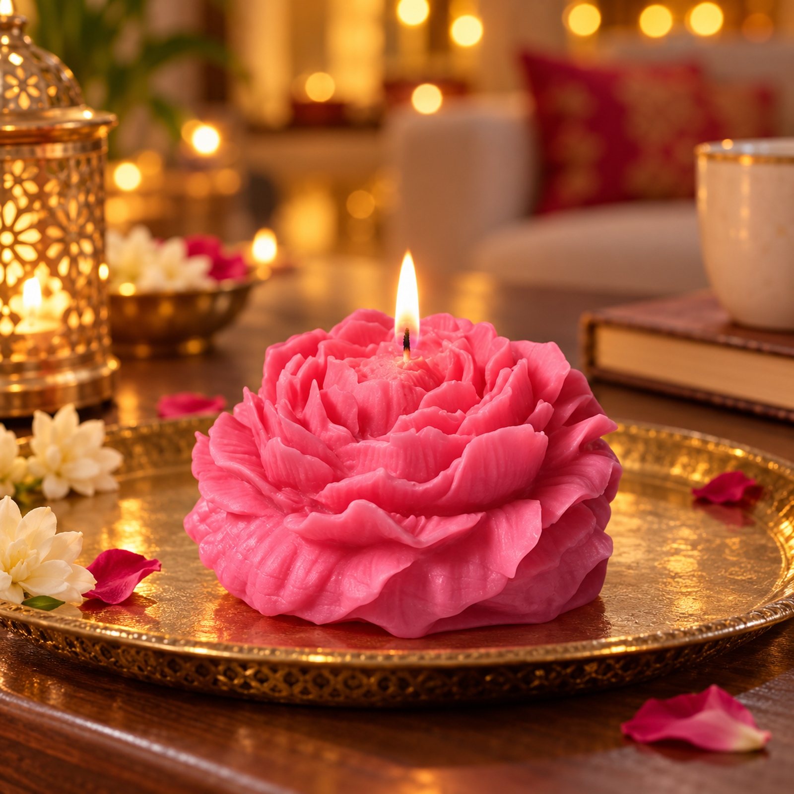 Click to zoom Soy Wax Floral Peony Pride Candle, shown in use