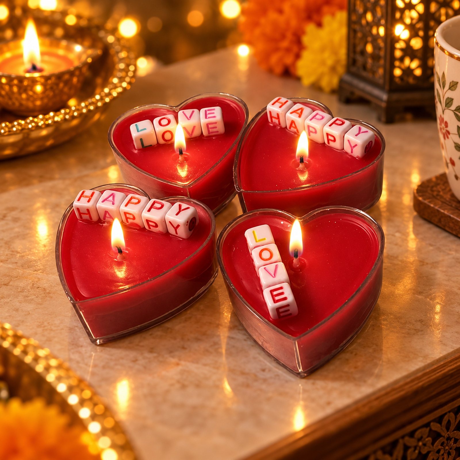 Click to zoom Set of 4 Coconut Wax Heart Shaped T-lights, shown in use