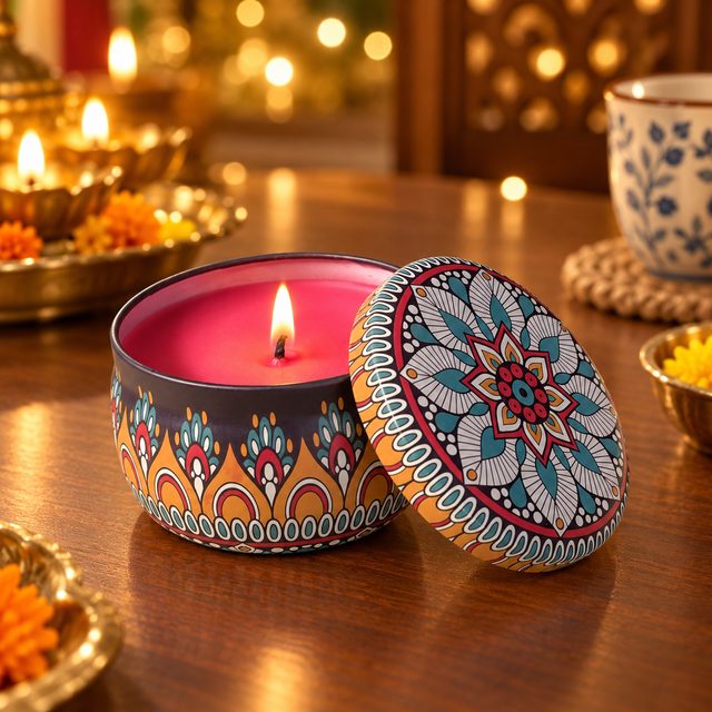 Coconut Wax Printed Can Candle, shown in use