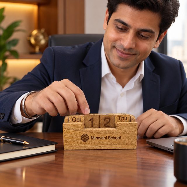 Wooden Perpetual Calander, Dark, shown in use