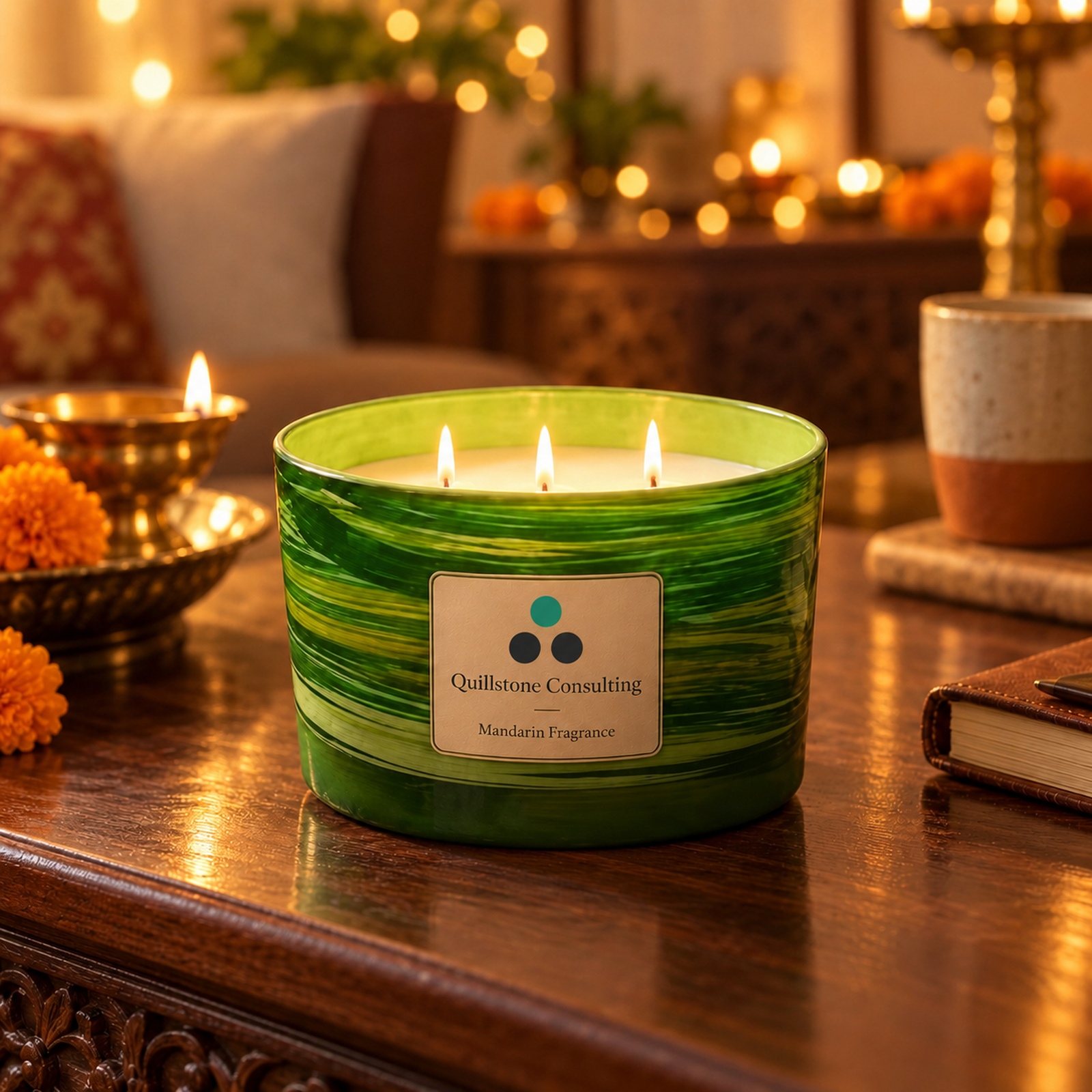 Click to zoom Hand Poured Soy Wax Candle with Mandarin Fragrance, shown in use
