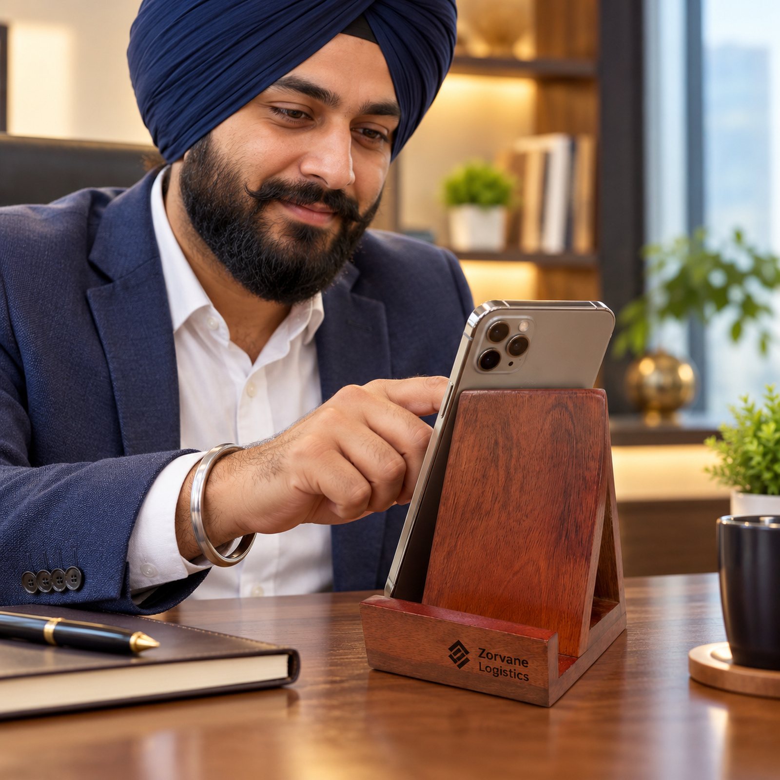 Click to zoom Mango Wood Mobile Stand, Triangular, shown in use
