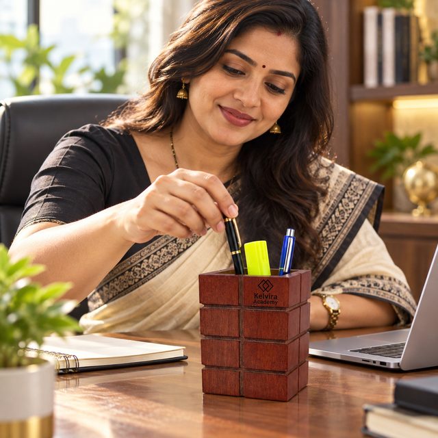 Mango Wood Pen Stand, Dark, shown in use