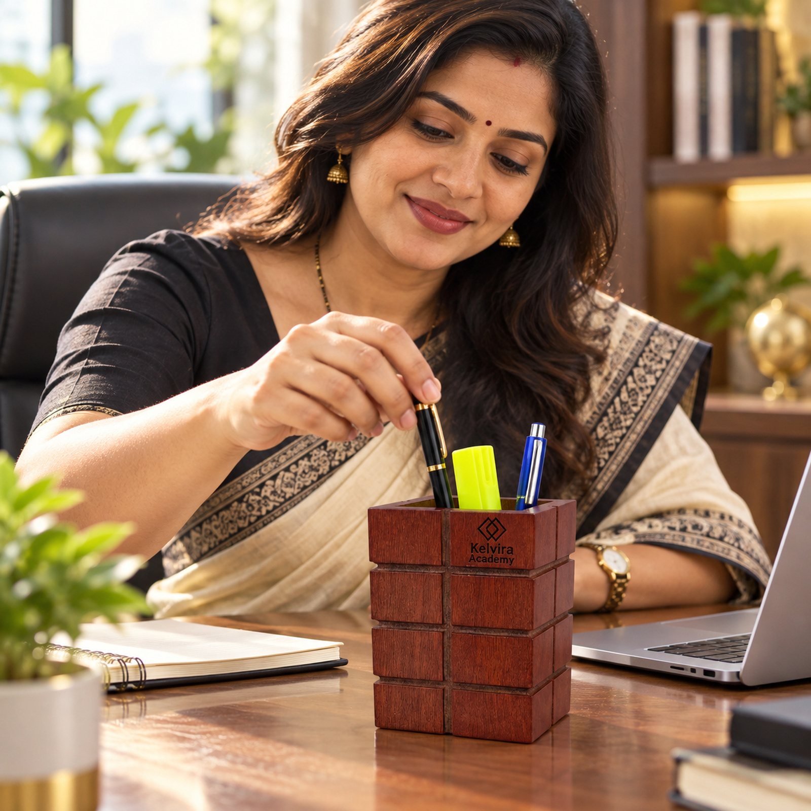 Click to zoom Mango Wood Pen Stand, Dark, shown in use