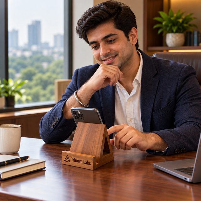 Acacia Wood Mobile Stand, shown in use