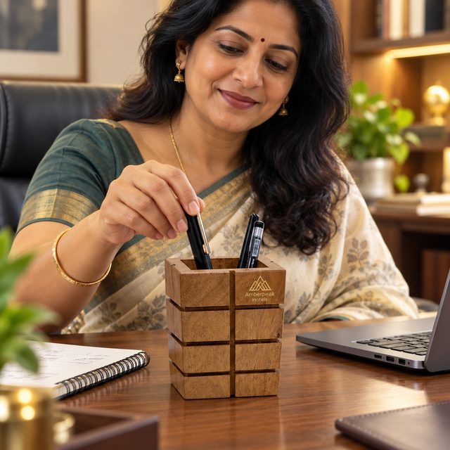 Acacia Wood Pen Stand, shown in use