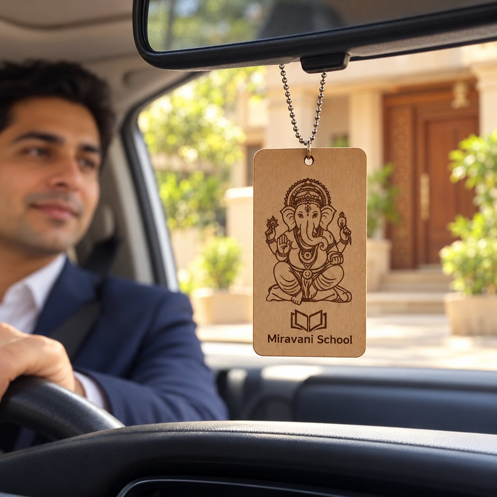 Click to zoom Car Mirror Hanging Plywood Tag, shown in use