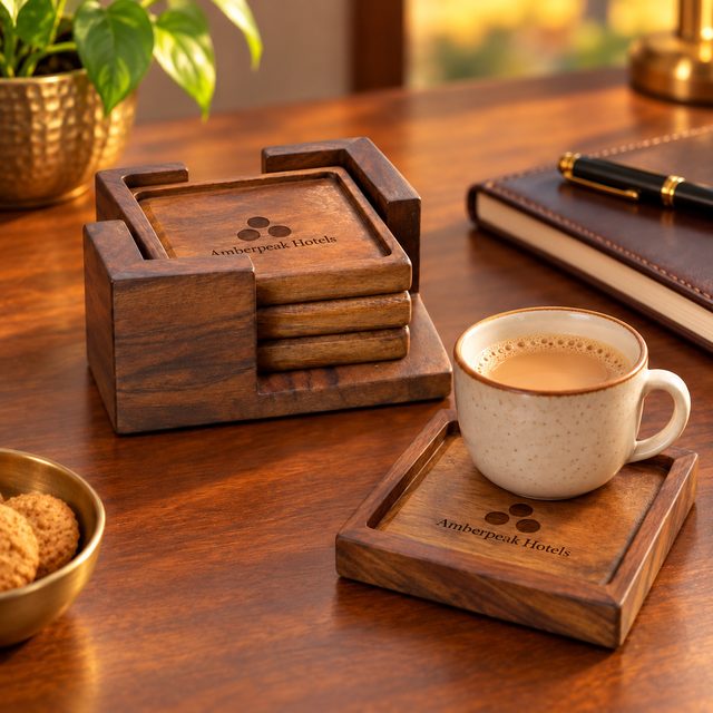 Acacia Wood Coaster Set of 4 with Caddy, shown in use