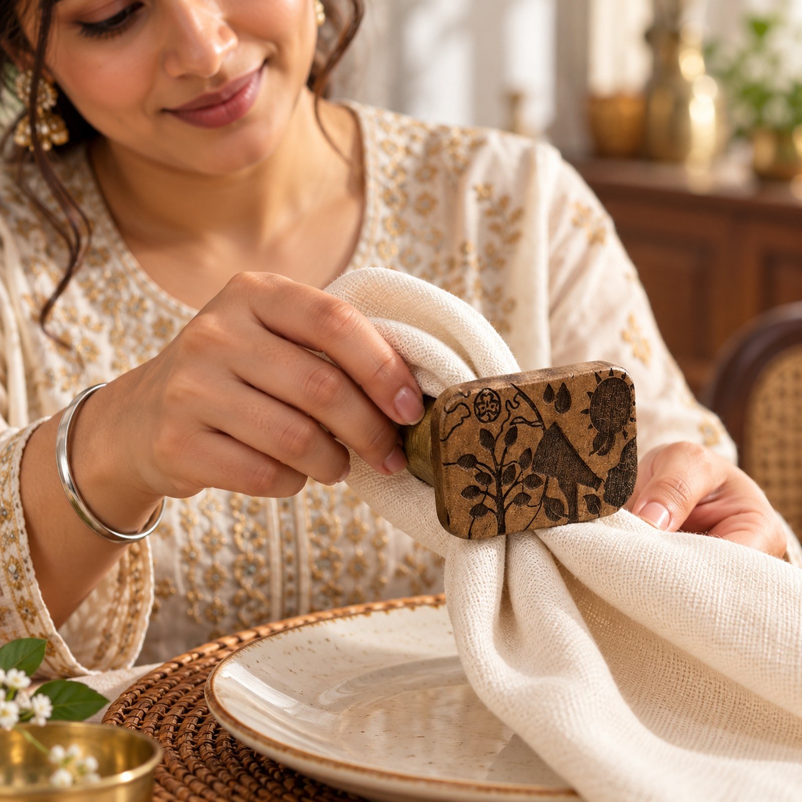 Click to zoom Rounded Rectangular Wooden Napkin Ring, shown in use
