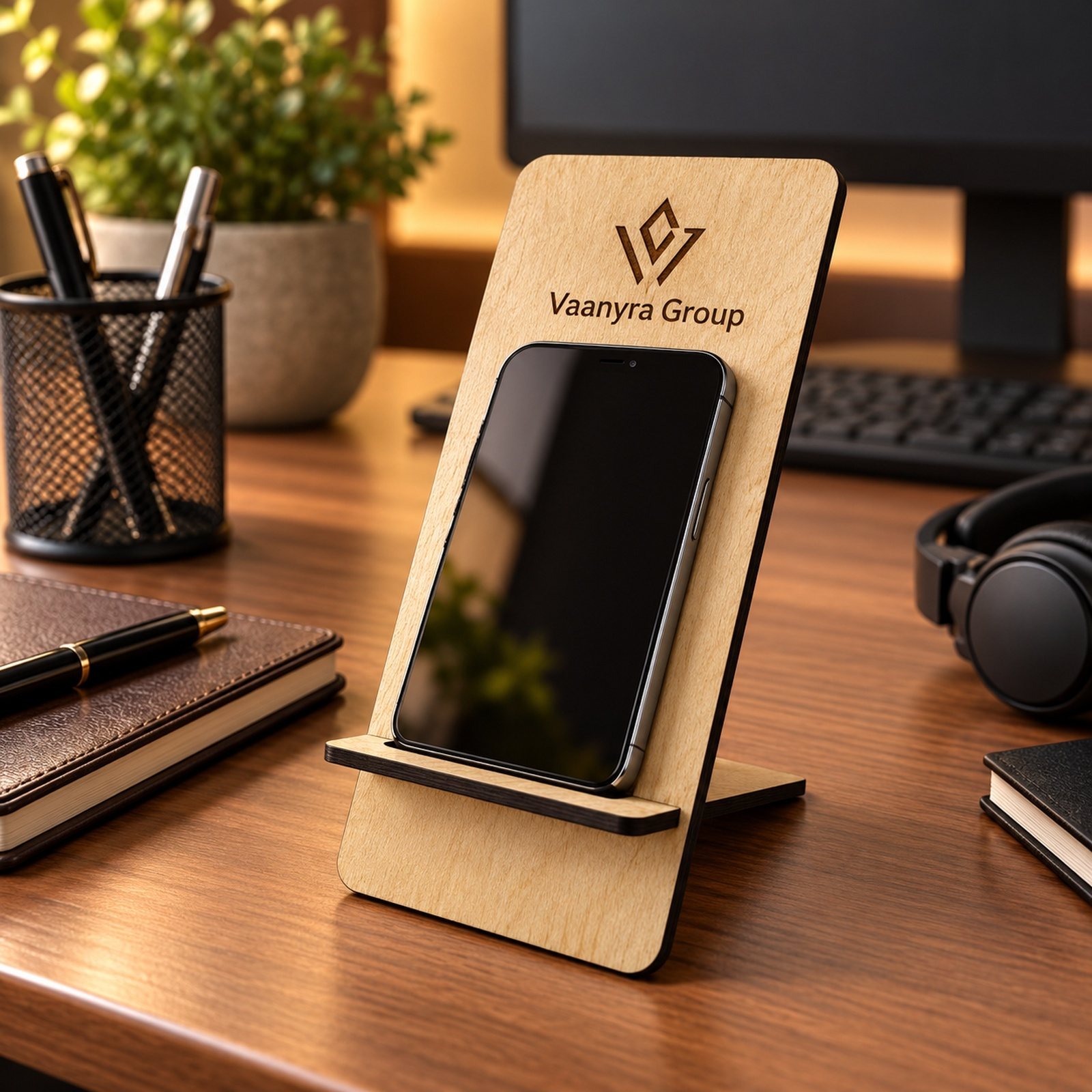 Click to zoom Plywood Mobile Stand, Dark, shown in use