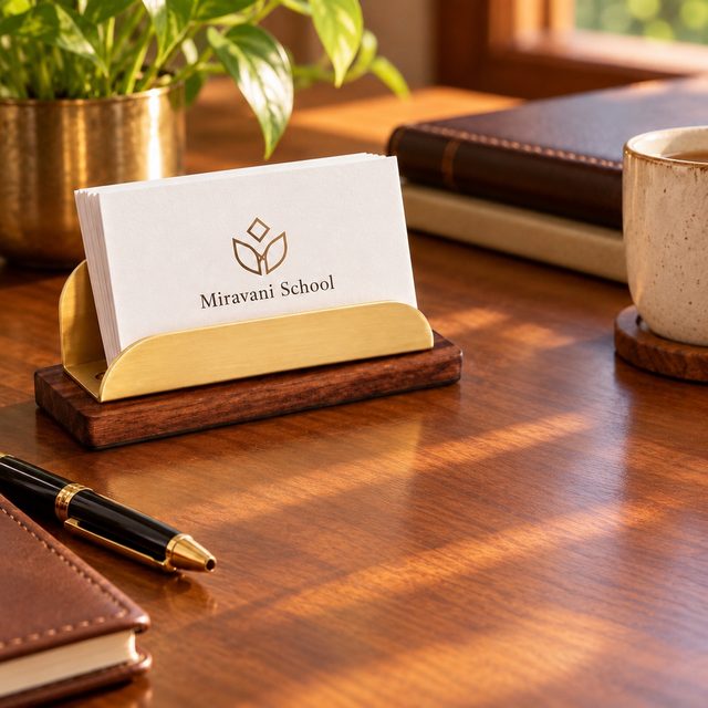 Brass Card Holder with Wooden Base, shown in use