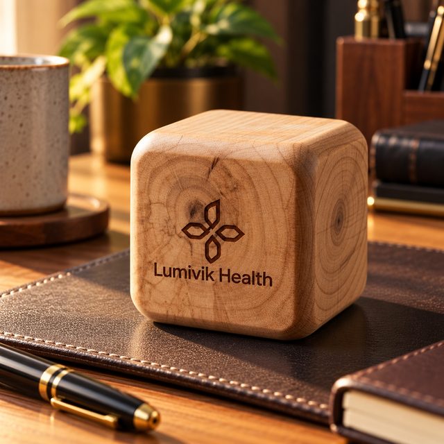 Wooden Paperweight, Cube Rounded, shown in use