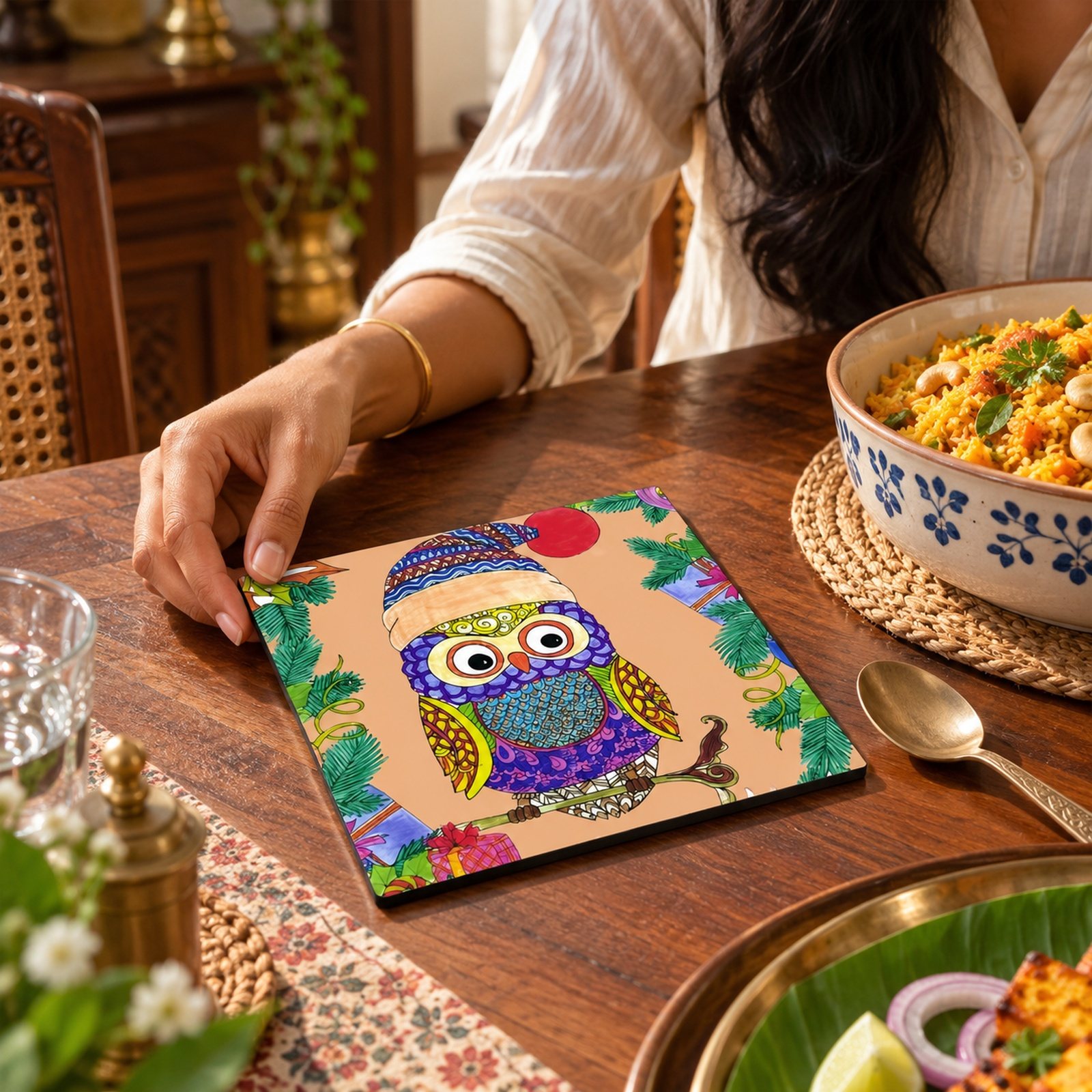 Click to zoom MDF Printed Trivets, Wide, shown in use