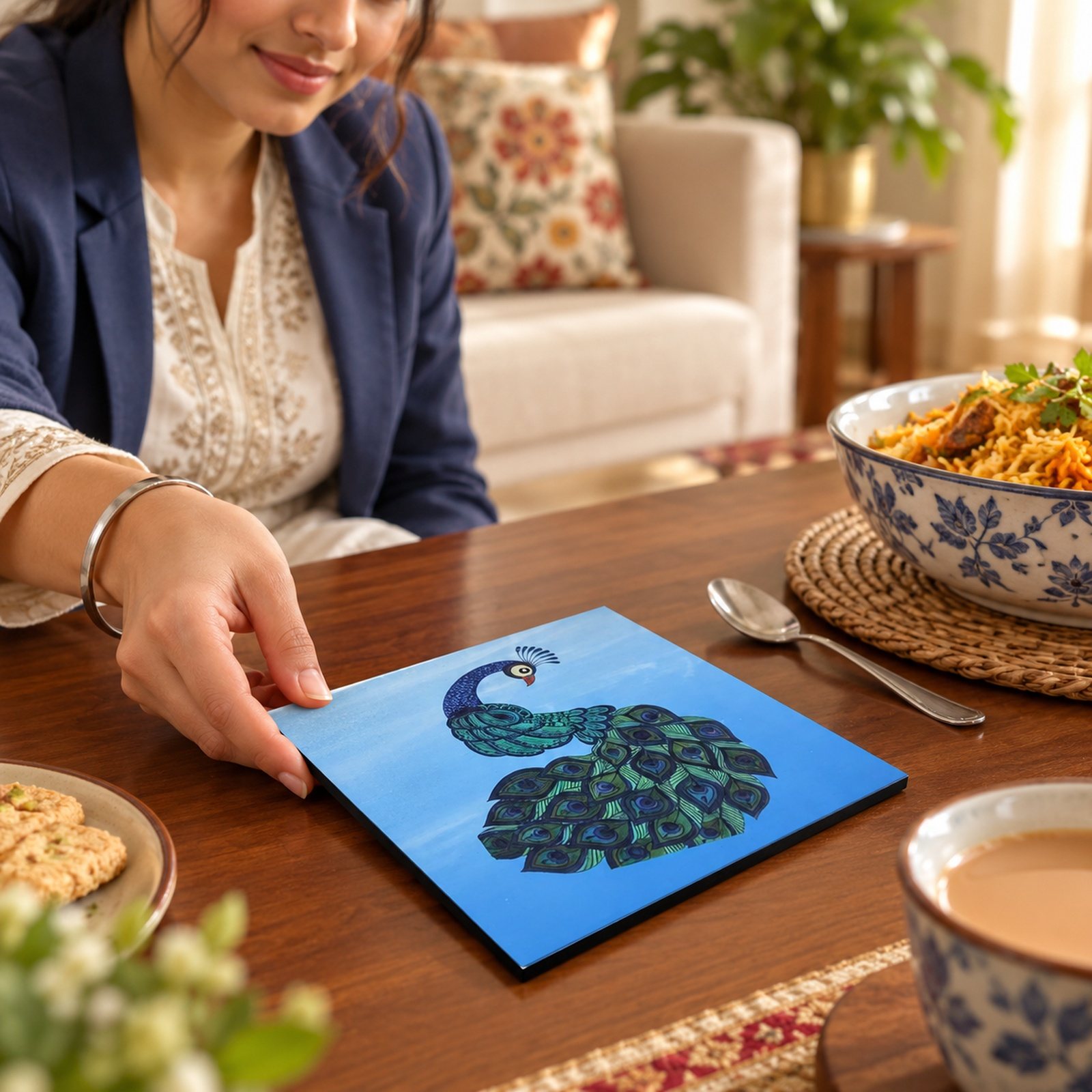 Peacock Printed Square Trivet, Wide, shown in use