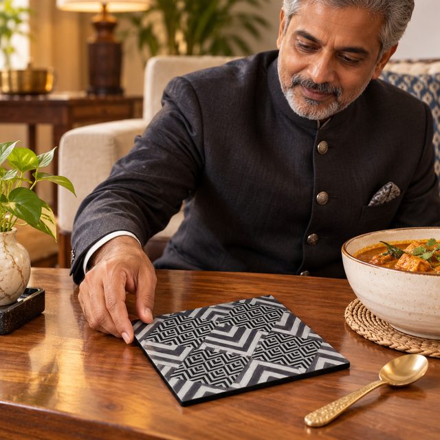 MDF Printed Trivets, Dark, shown in use