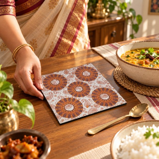 MDF Printed Trivets, Floral, shown in use