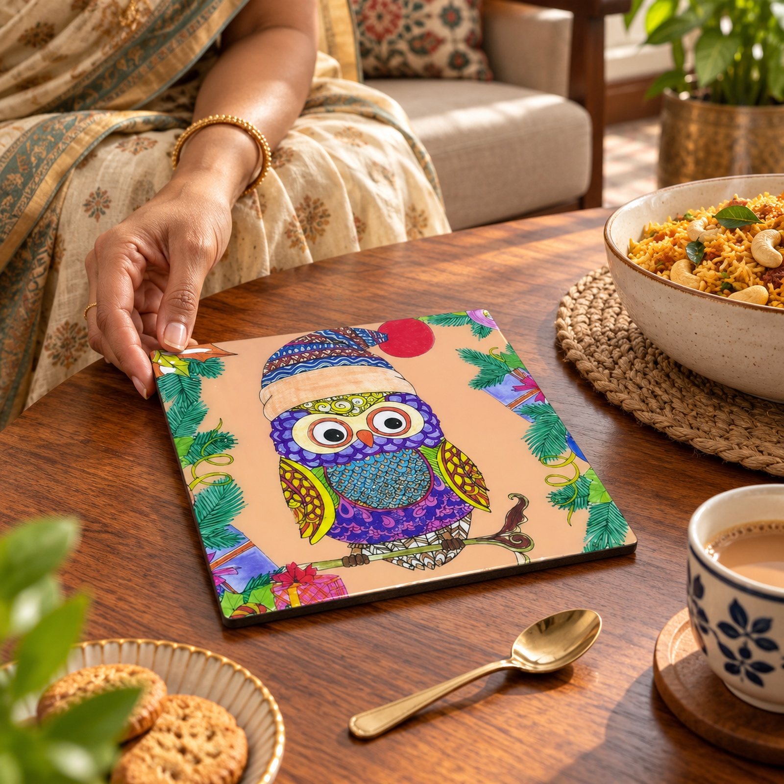 MDF Printed Trivets, Owl, shown in use
