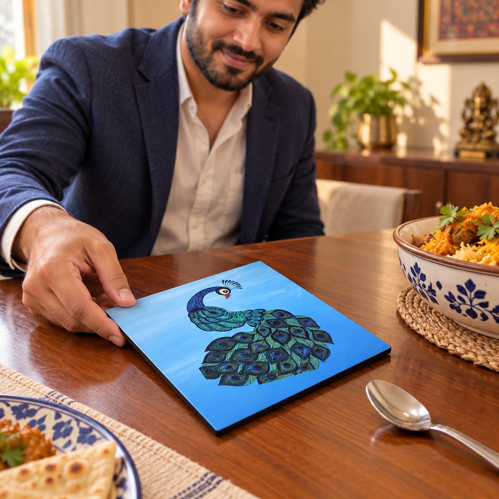 Peacock Printed Square Trivet, Dark, shown in use