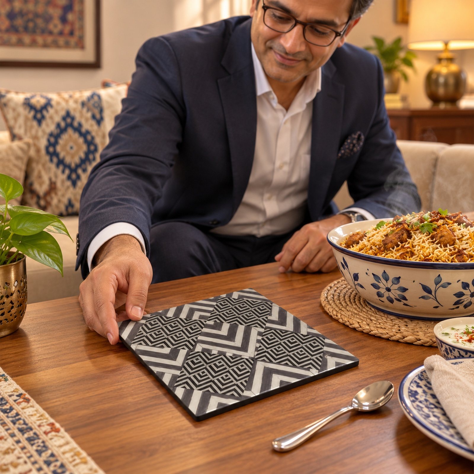 Click to zoom MDF Printed Trivets, Geometric, shown in use