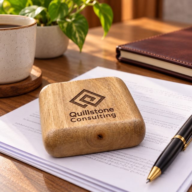 Wooden Paperweight, Rectangular, shown in use