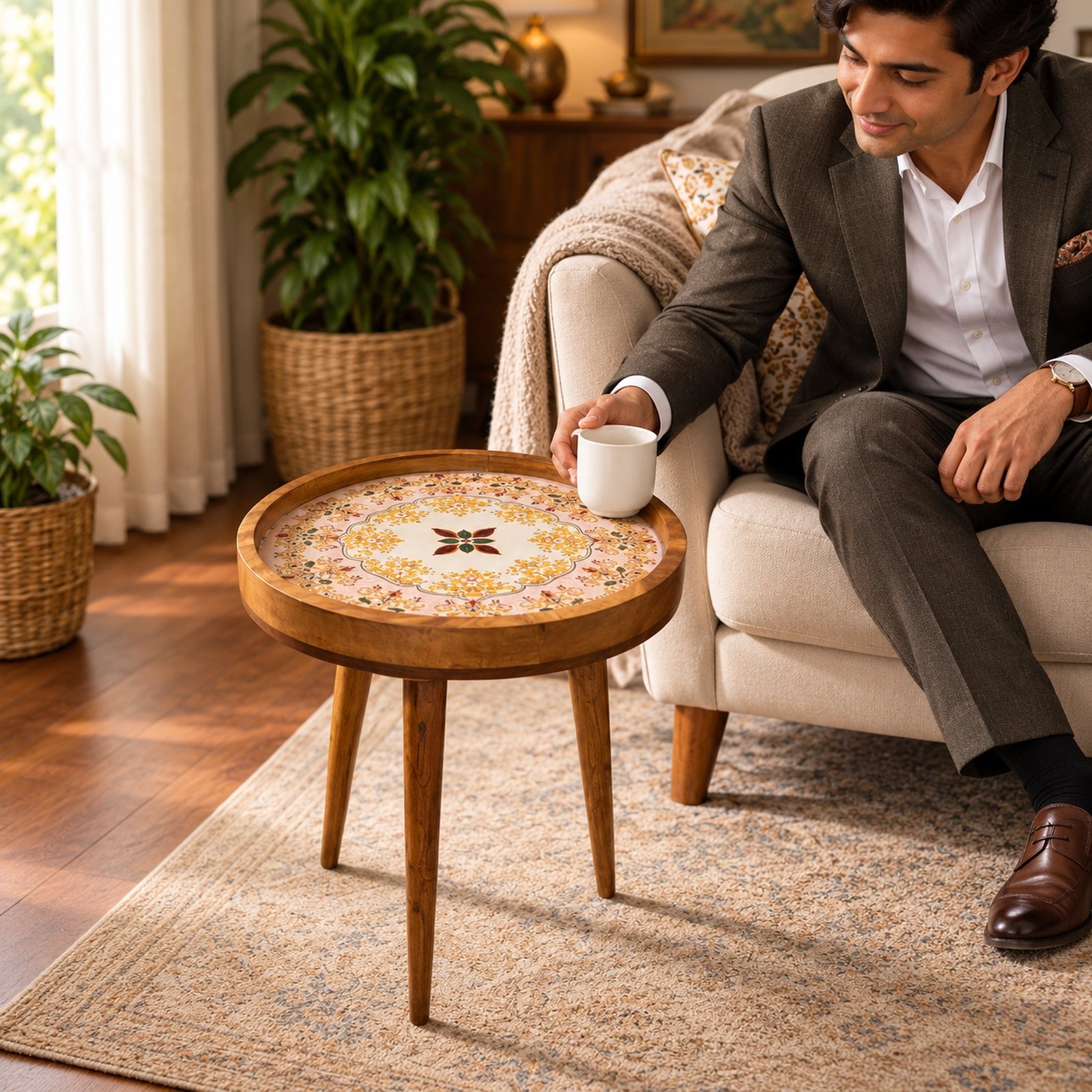 Wooden Printed Stool, shown in use