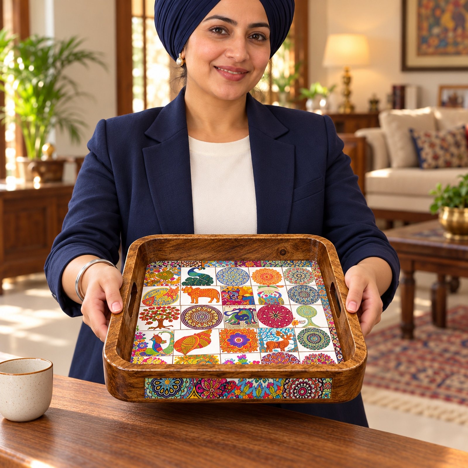 Click to zoom Wooden Tray, Rounded, shown in use