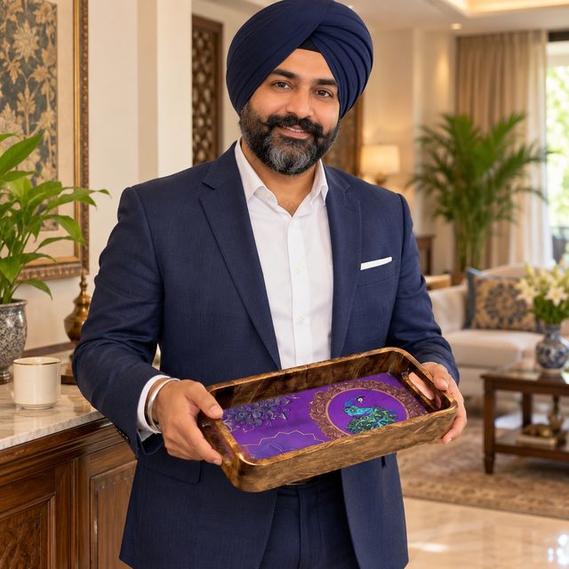 Wooden Tray, Peacock, shown in use
