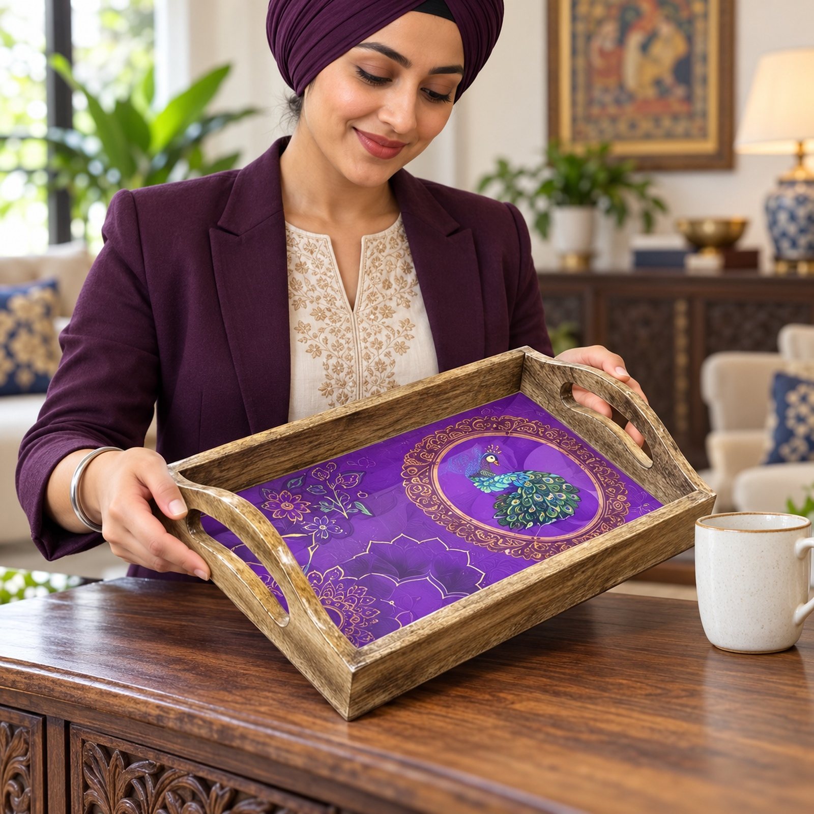 Click to zoom Wooden Tray, Teal, shown in use