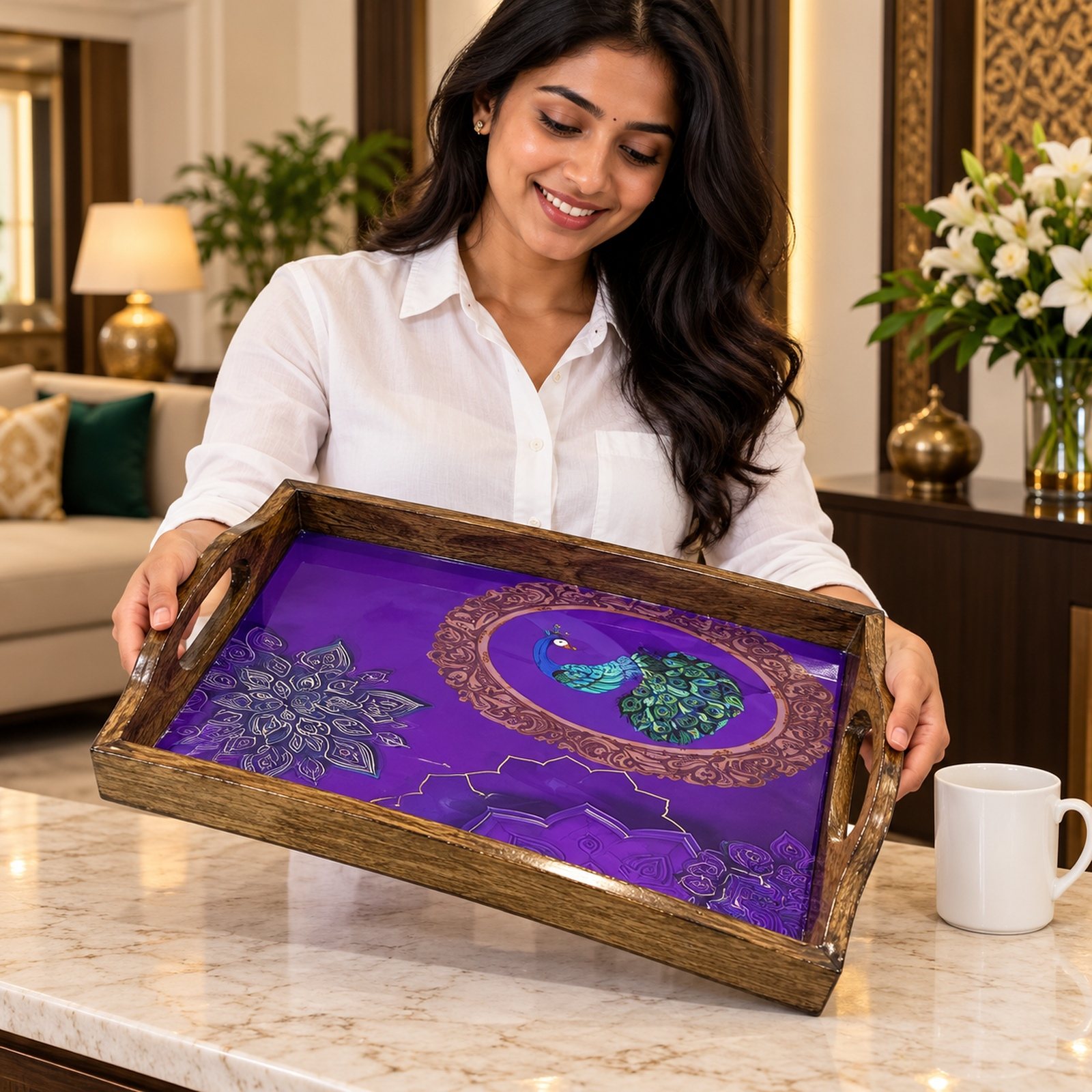 Click to zoom Wooden Tray, Purple, shown in use