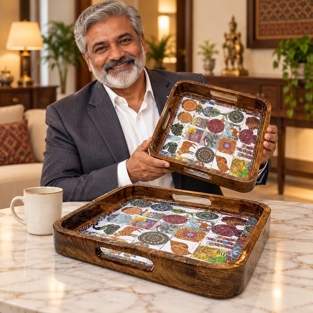 Wooden Tray Set of 2 Pcs, Rounded, shown in use
