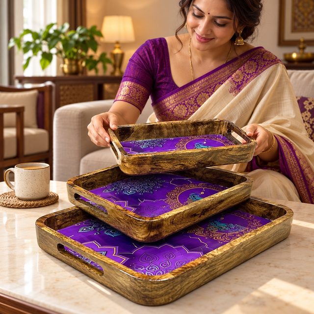 Wooden Tray Set of 3 Pcs, shown in use