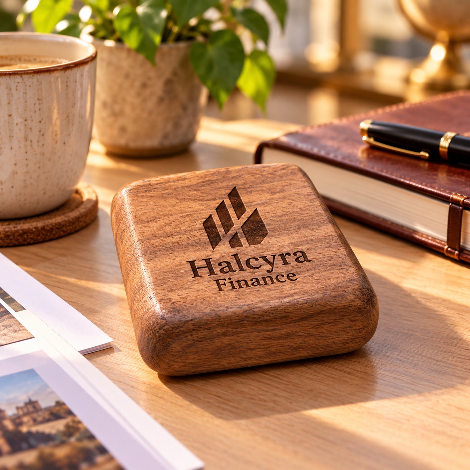 Click to zoom Wooden Paperweight, Rounded Dark, shown in use