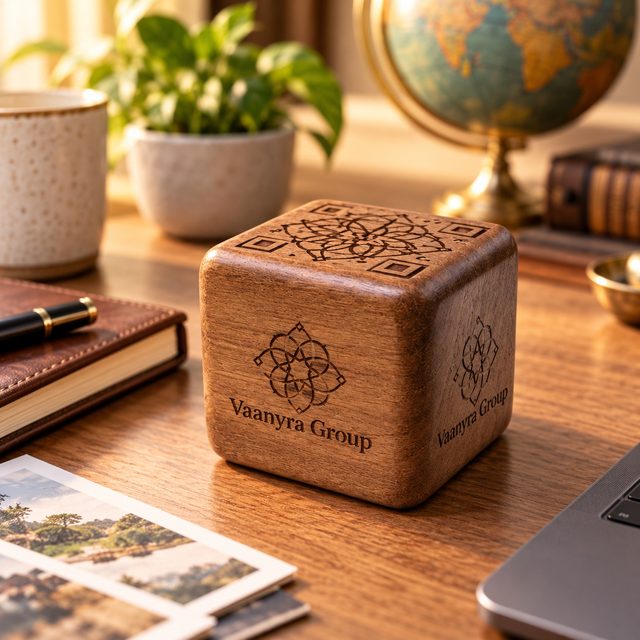Wooden Paperweight, Cube Dark, shown in use
